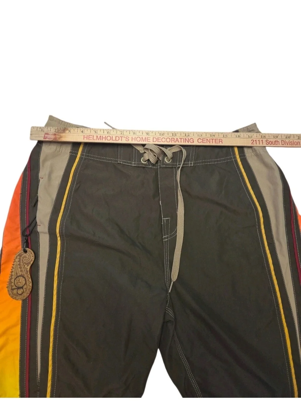 Y2K OP Men's Olive Swim Board Shorts with Yellow and Orange Gradient Panels